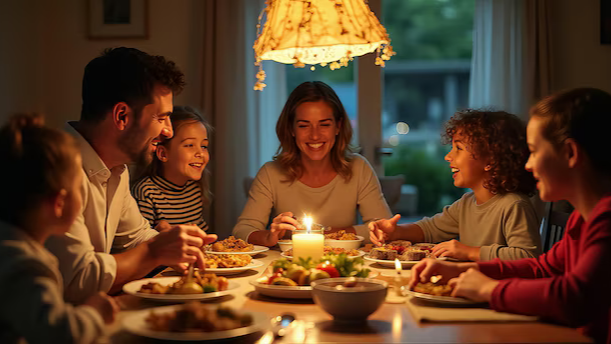 Masă în familie într-o lumină caldă, sugerând legătura dintre mâncare, amintiri și apartenență