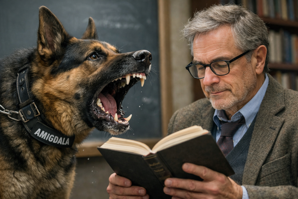 Reprezentare vizuală a luptei interioare dintre sistemul de alarmă al creierului (amigdala, câinele furios) și mintea înțeleaptă (neocortexul, bărbatul calm)