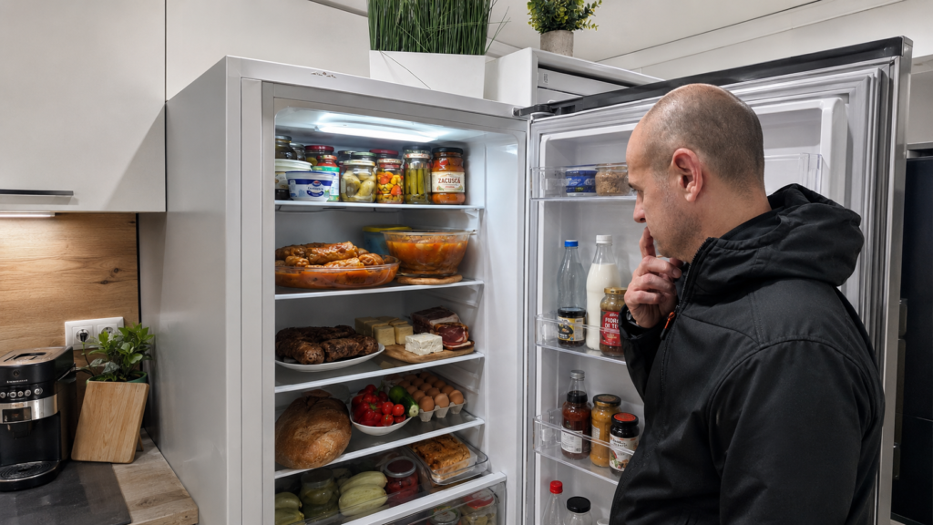 Frigider deschis acasă, simbolizând obiceiurile alimentare activate de mediul familiar